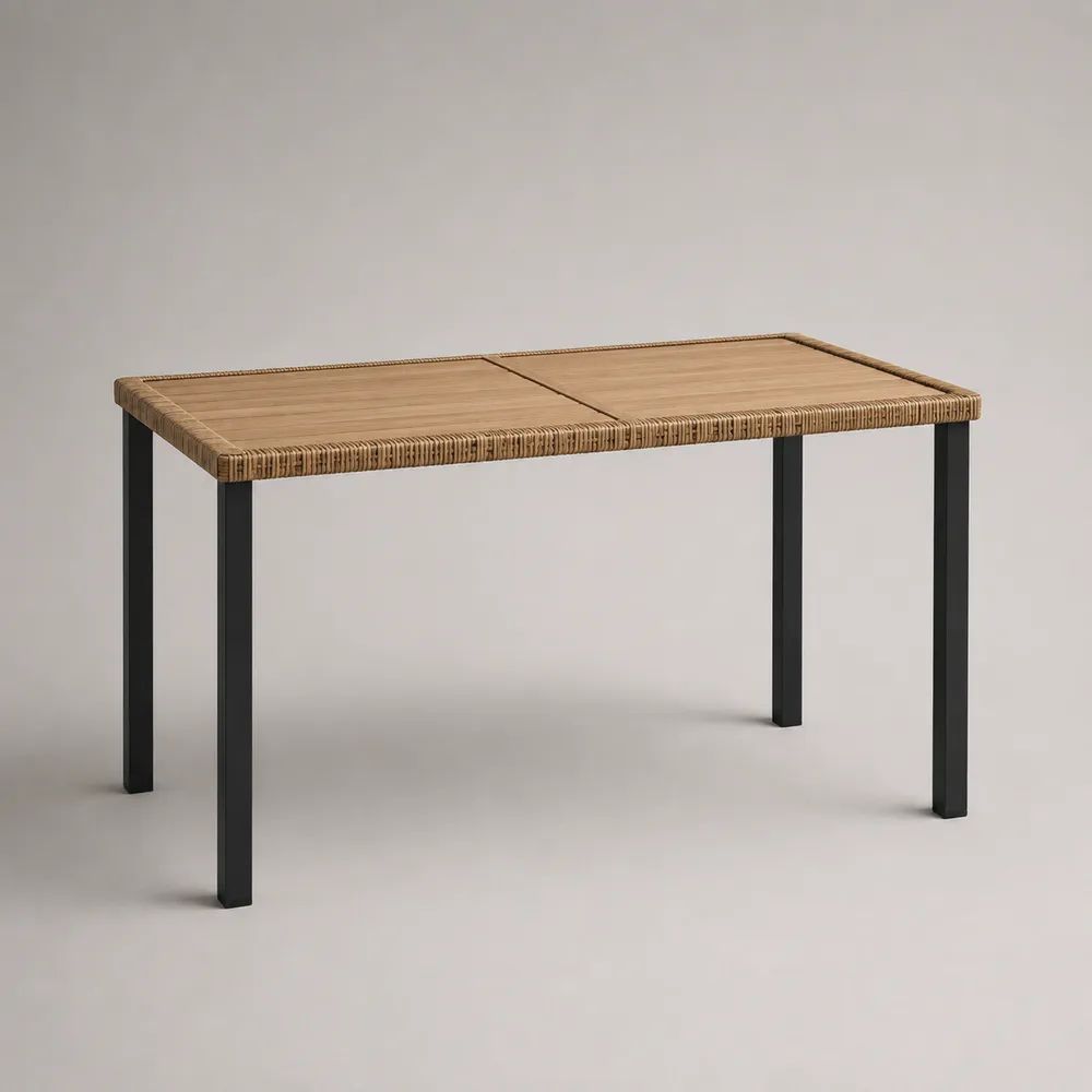 Table de jardin rectangulaire en bois massif et résine tressée, pieds en acier noir, 120 × 70 × 75 cm