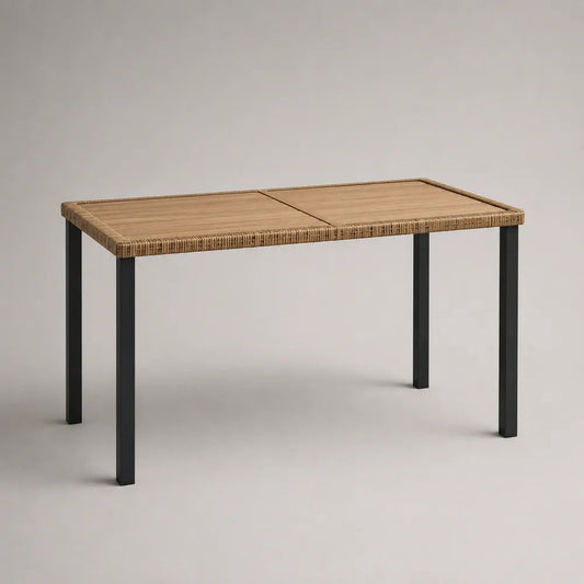 Table de jardin rectangulaire en bois massif et résine tressée, pieds en acier noir, 120 × 70 × 75 cm
