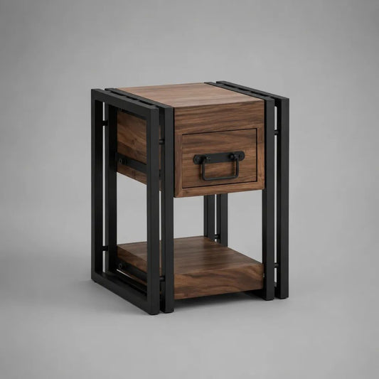 Table de chevet rectangulaire en bois massif et acier avec tiroir et étagère, brun et noir, 40 × 35 × 60 cm