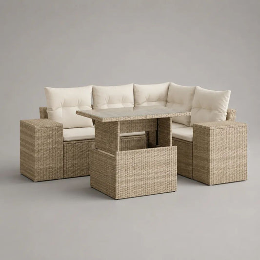 Salon de jardin extérieur 5 pièces 9 places en résine tressée beige et tissu écru, canapé d'angle, table, banc et 2 tabourets, 190 x 190 x 74 cm