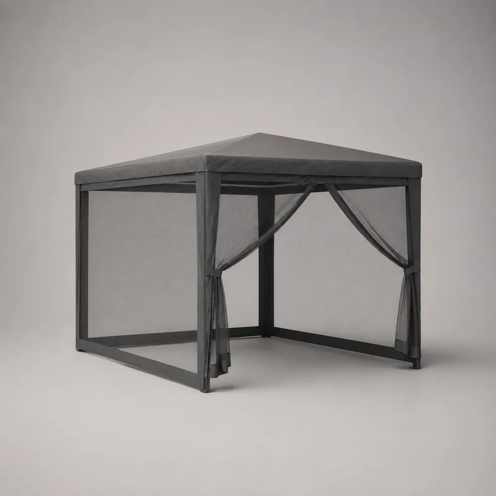 Tonnelle de jardin carrée en acier et polyester avec moustiquaires, gris anthracite, 300 x 300 x 255 cm