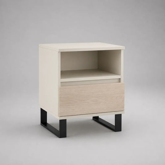 Table de chevet rectangulaire en panneaux mélaminés et métal avec tiroir et niche, blanc, chêne clair et noir, 40 × 35 × 60 cm