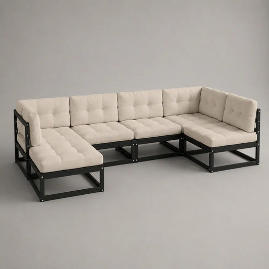 Salon de jardin extérieur modulable en U 5 places en acier et tissu, beige et noir, 288 x 144 x 72 cm