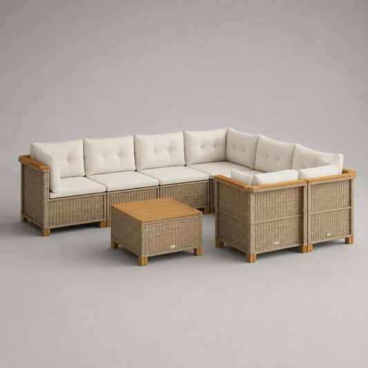Salon de jardin modulable 7 pièces en résine tressée PE et bois d'acacia, forme en U, taupe, crème et marron naturel, 272 × 204 × 74 cm