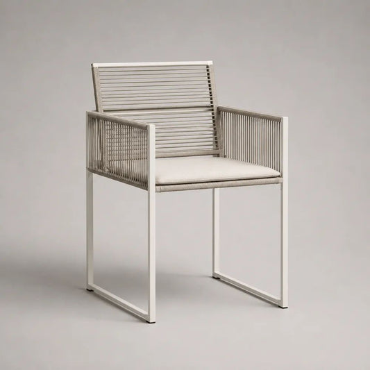 Fauteuil de jardin extérieur avec accoudoirs en aluminium et corde PE, blanc et taupe, 58 × 60 × 82 cm